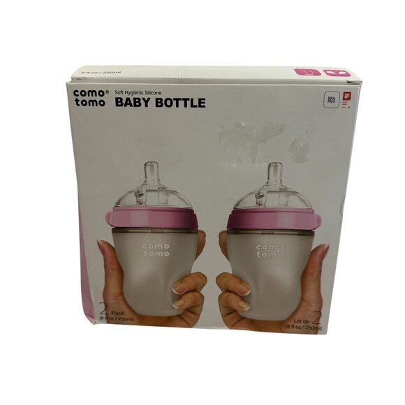 Comotomo Soft Hygienic Silicone Bottles 8 Oz Two Pack Pink w/ Lids NIB NEW - Picture 1 of 9